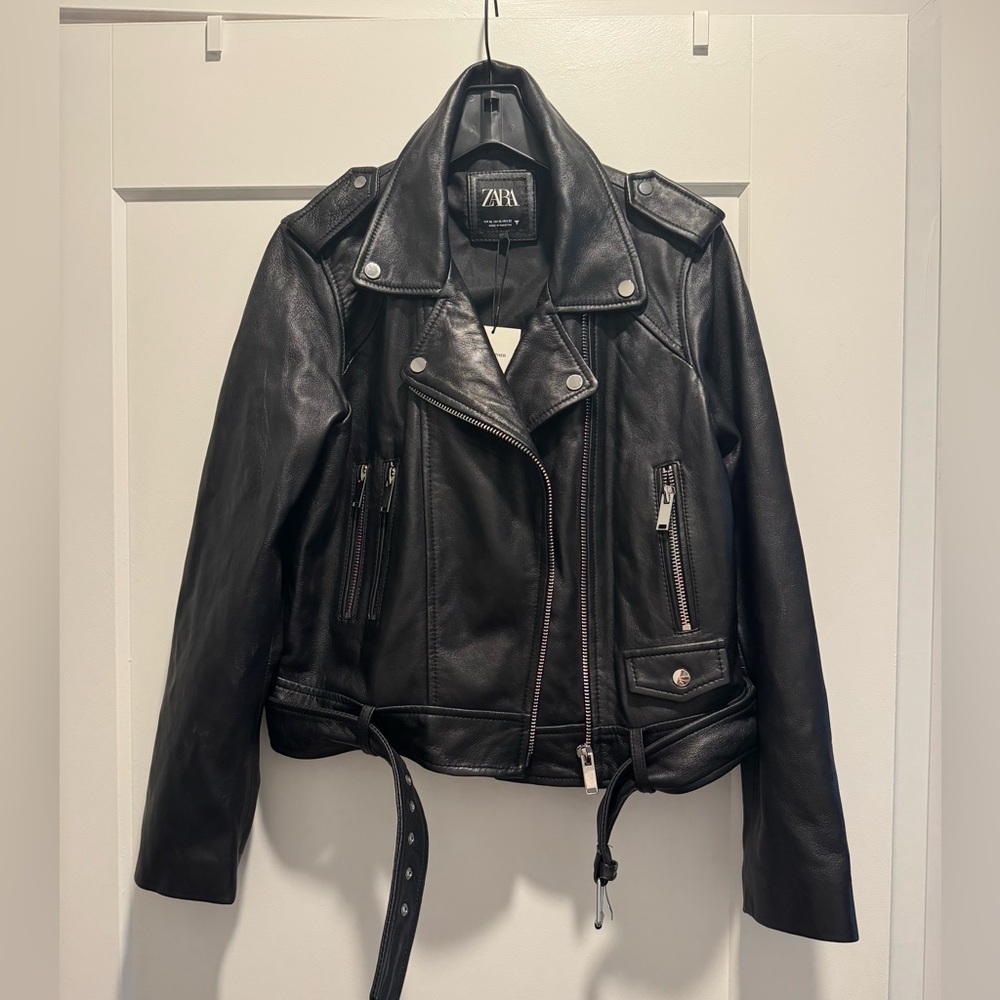 Zara Black Leather Moto Jacket with Asymmetrical Zipper
